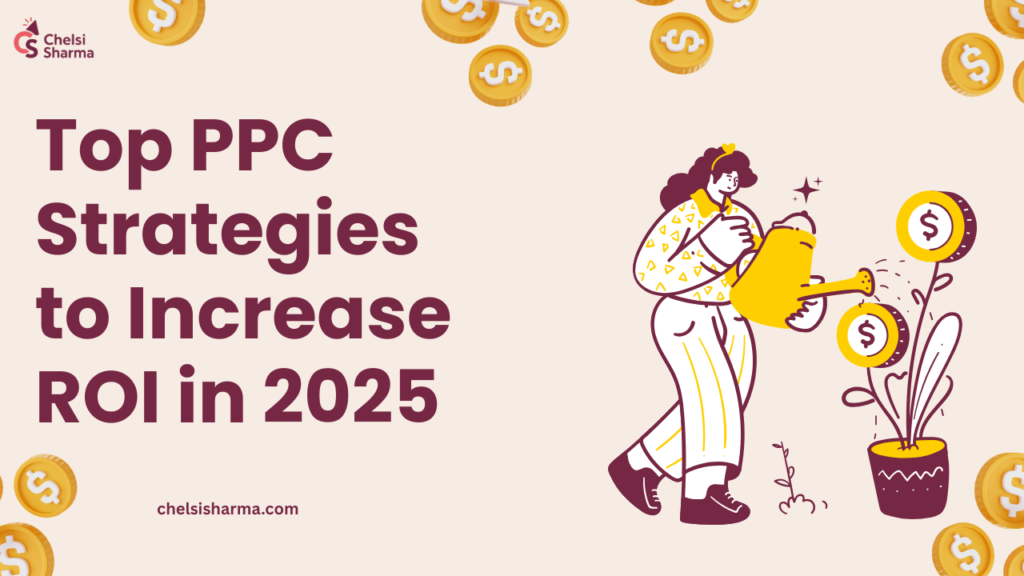 Illustration of PPC strategies in 2025 showing ads, graphs, and ROI growth